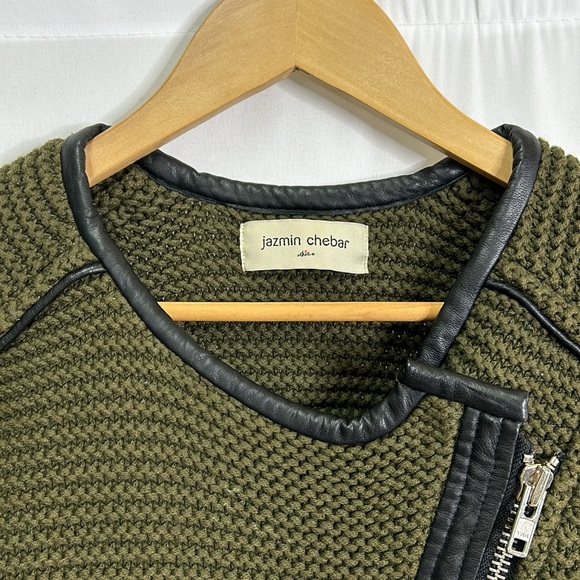 Jazmin Chebar Uruguay chunky knit genuine leather lined full zip pocketed jacket - Picture 2 of 8